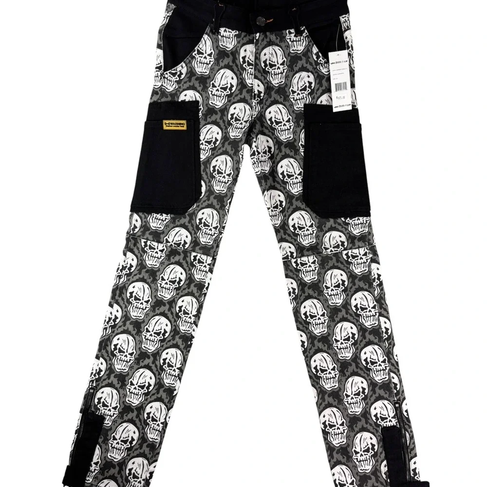 Brand X Cargo Pants Mens 28 Gun Metal Grim Reaper Skull Print Cotton Stretch